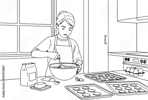 Vector illustration of woman baking cookies in kitchen