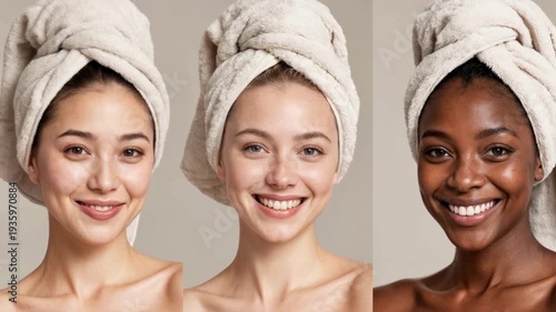 Beauty Triptych: East Asian, Caucasian, and Black Women in Fresh Towel Wraps