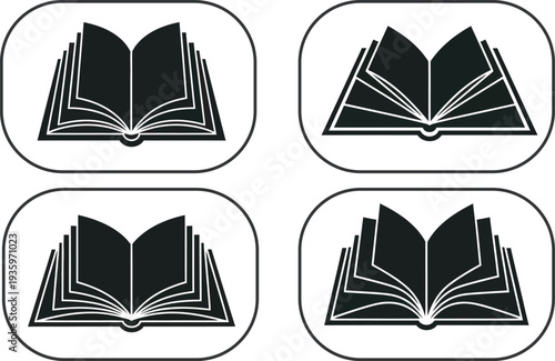 open book icons  vector set file, Set of four open book icons in black and white, representing knowledge and education