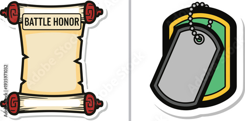 Two military-themed vector stickers: an ancient "BATTLE HONOR" parchment scroll with red rollers and a set of metallic soldier dog tags on a beaded chain against a green and yellow shield.