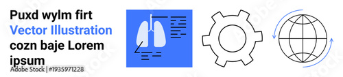 Lungs diagram, gear icon, and globe with arrows showcasing health, innovation, and worldwide interaction. Ideal for healthcare, technology, education, global solutions research data analysis