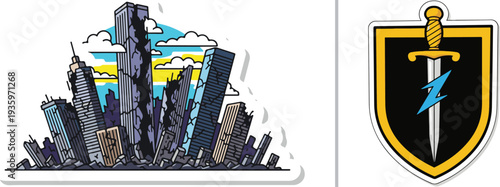 Apocalyptic vector art showing cracked, crumbling skyscrapers under a bright sky alongside a military-style shield emblem featuring a sword and lightning bolt.