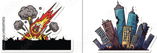 Two vector stickers depicting urban ruin: a fiery meteor striking a black city silhouette and a group of leaning, damaged skyscrapers representing a post-disaster cityscape.