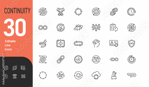 Continuity editable line icons set representing flow cycles processes infinity and repetition for business and technology design