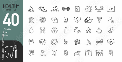 Healthy Lifestyle Line Icons Set Wellness Fitness Health Diet and Wellbeing Symbols