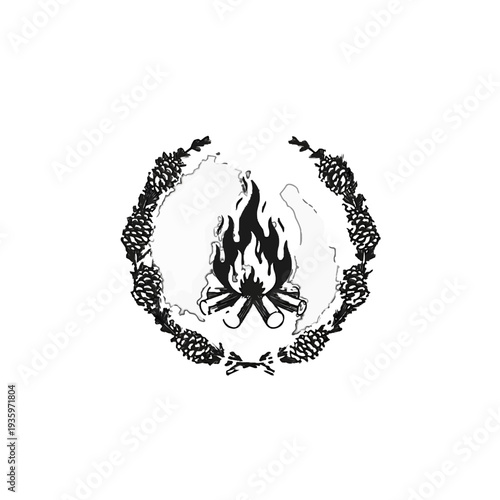 Black and white illustration of a campfire surrounded by a wreath.