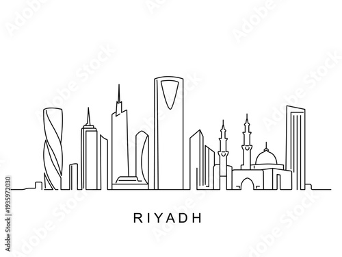 Minimalistic black and white vector illustration depicting a cityscape with a horizontal line depicting Riyadh, Saudi Arabia. Flat vector illustration isolated on a white background.