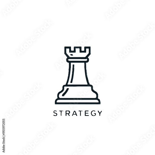 Simple black and white chess rook piece symbolizing strategic planning and decision making.