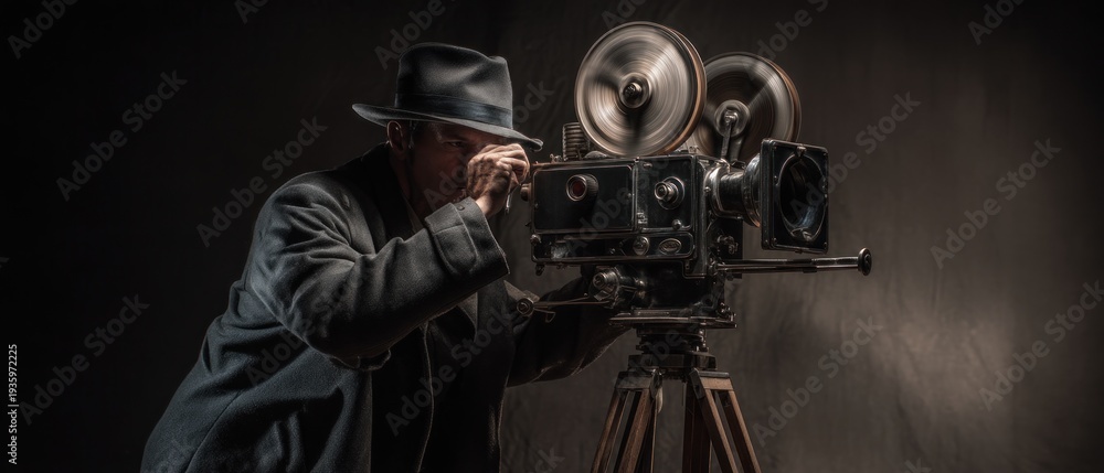 Fototapeta premium Man filming with vintage film camera on tripod low key lighting studio setting