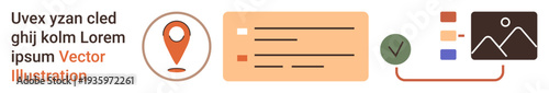 Navigation, digital identity, verification, data organization, online work, information systems. Map pin, checklist, and image details navigation and digital identity