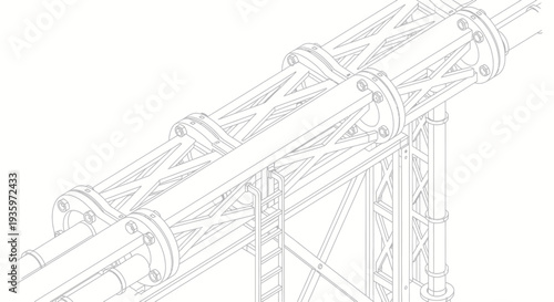 Industrial pipeline system with support structures and cross bracing.