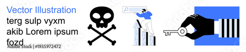Cybersecurity, data privacy, hacker threats, digital crime, identity protection, online safety. Skull and crossbones, person analyzing data hand holding a key. Cybersecurity and data privacy concept