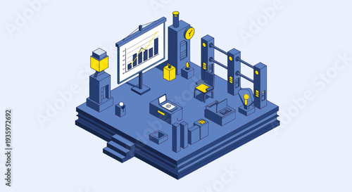 Isometric Business Presentation Room with Data Visualization.
