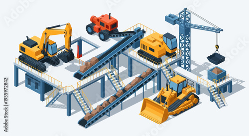 Isometric Construction Site with Heavy Machinery and Conveyor Belts.
