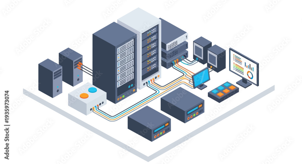 Obraz premium Isometric Data Center Network Infrastructure with Servers and Computers.