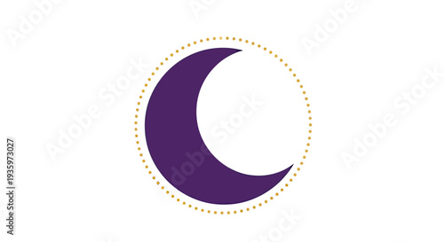 Purple Crescent Moon Icon with Golden Dotted Circle on White Background