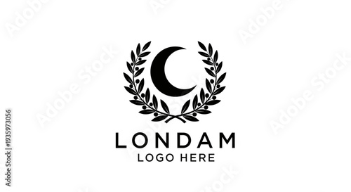 Crescent Moon Laurel Wreath Logo with Text Space