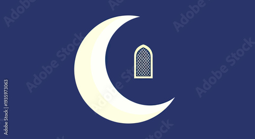 Crescent Moon with Stained Glass Window on Dark Blue Background