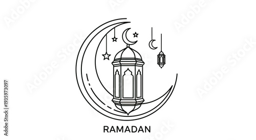 Ramadan Kareem Crescent Moon and Lantern Line Art Islamic Holiday Celebration
