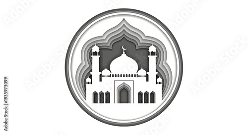 Islamic Mosque Silhouette Icon with Layered Arch Background