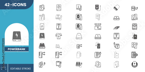 Mobile Power Bank Icon Set Editable Vector – Portable USB Charger & Backup Battery