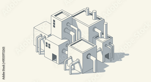 Isometric illustration of a minimalist industrial complex with pipes.