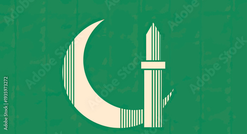 Islamic Crescent Moon and Minaret Icon on Green Textured Background