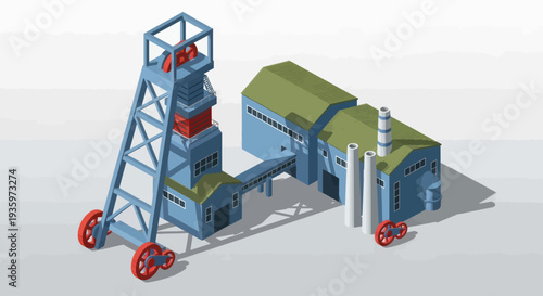 Isometric illustration of a coal mine industrial complex with a headframe and processing plant.