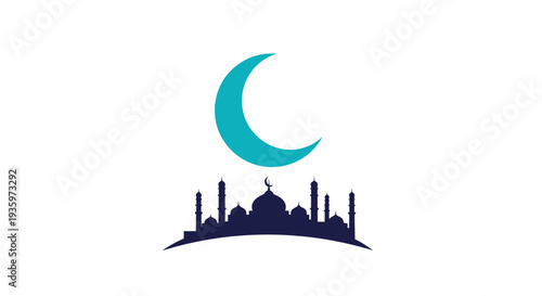 Islamic crescent moon symbol above mosque silhouette, holy night icon