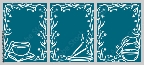 hand drawn spiritual meditation frame set with singing bowl incense sticks and floral border for yoga wellness design
