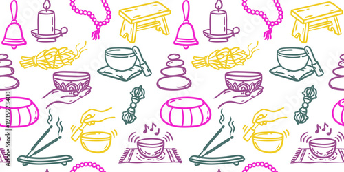 seamless pattern with hand drawn meditation doodles colorful yoga symbols for textile print wrapping paper and wellness branding