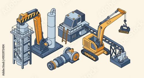 Isometric illustration of heavy industrial machinery and manufacturing equipment.