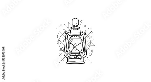 Vintage Lantern with Geometric Ornaments - Outline Illustration