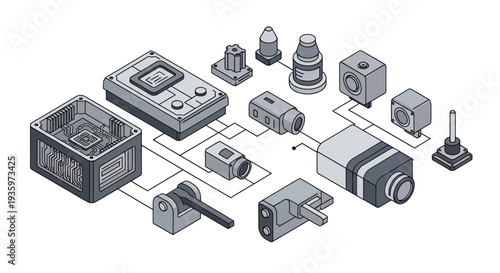 Isometric illustration of various industrial machine parts and components.