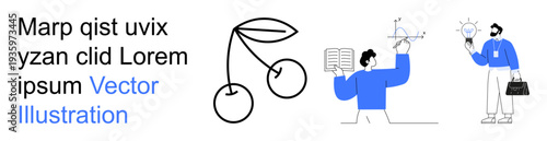 Education, innovation, teamwork, science, creativity, business. A minimal cherry icon next to professionals with books and ideas. Education and innovation illustrated with simplicity and clarity