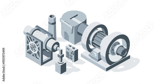 Isometric illustration of various industrial machine parts and components.