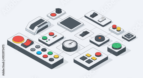 Isometric illustration of various remote controls and electronic devices.