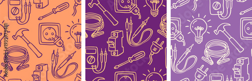 hand drawn electrician seamless pattern set with professional tools light bulb multimeter screwdriver socket wire and circuit breaker