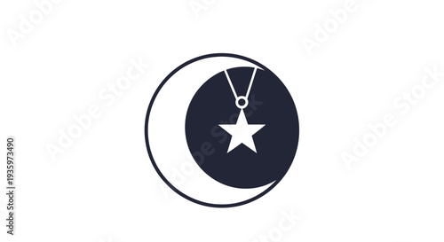 Crescent moon with star pendant necklace, night sky, graphic icon