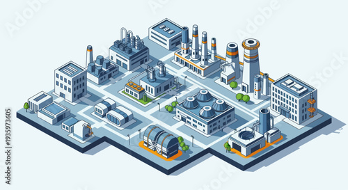 Isometric Industrial Complex with Factories and Buildings.