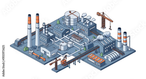 Isometric Industrial Complex with Factories and Construction Cranes.