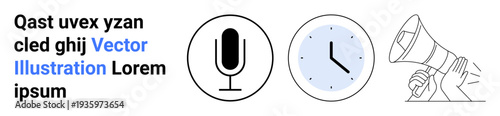 Communication, timekeeping, broadcasting, announcements, audio tools, public speaking. Microphone, clock and megaphone icons in black and blue. Communication and timekeeping concepts