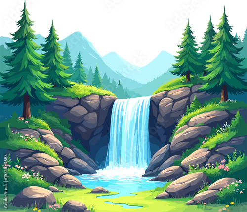 Waterfall in mountain forest with rocky cliffs and clear river natural landscape illustration for travel background and eco tourism design