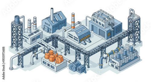 Isometric Industrial Complex with Factories and Pipelines.