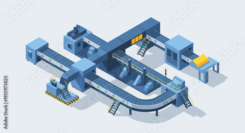 Isometric Industrial Conveyor Belt System with Automated Production Line.