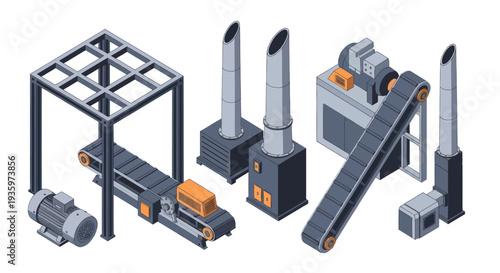 Isometric Industrial Conveyor Belt System with Factory Machinery and Chimneys.