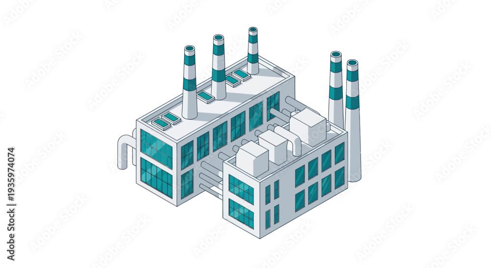 Fototapeta premium Isometric Industrial Factory Building with Smokestacks and Modern Design.