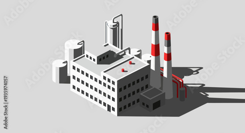 Isometric Industrial Factory Building with Smokestacks and Modern Architecture.