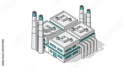 Isometric Industrial Factory Building with Smokestacks and Pipes.
