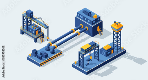 Isometric Industrial Factory Complex with Cranes and Pipelines.